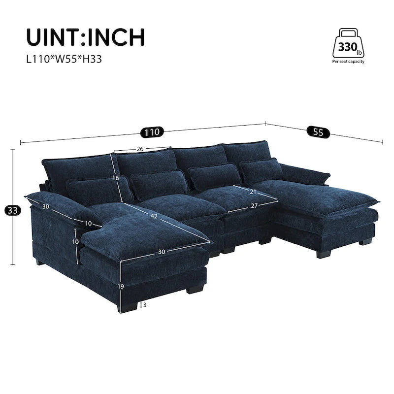 Divano Sezionale Trasformabile a U a 6 Posti in ciniglia Blu con Chaise Longue