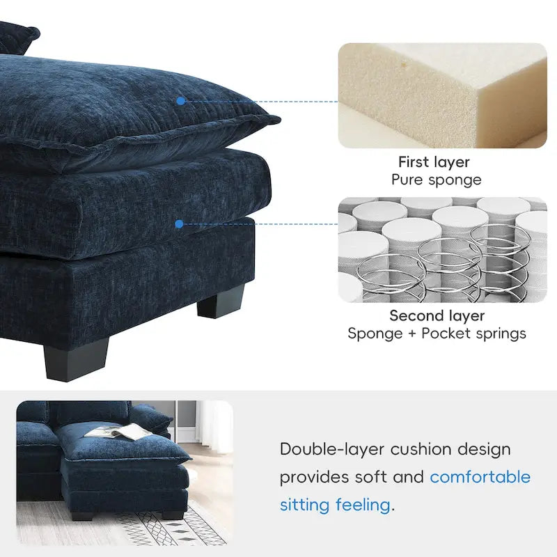 Divano Sezionale Trasformabile a U a 6 Posti in ciniglia Blu con Chaise Longue