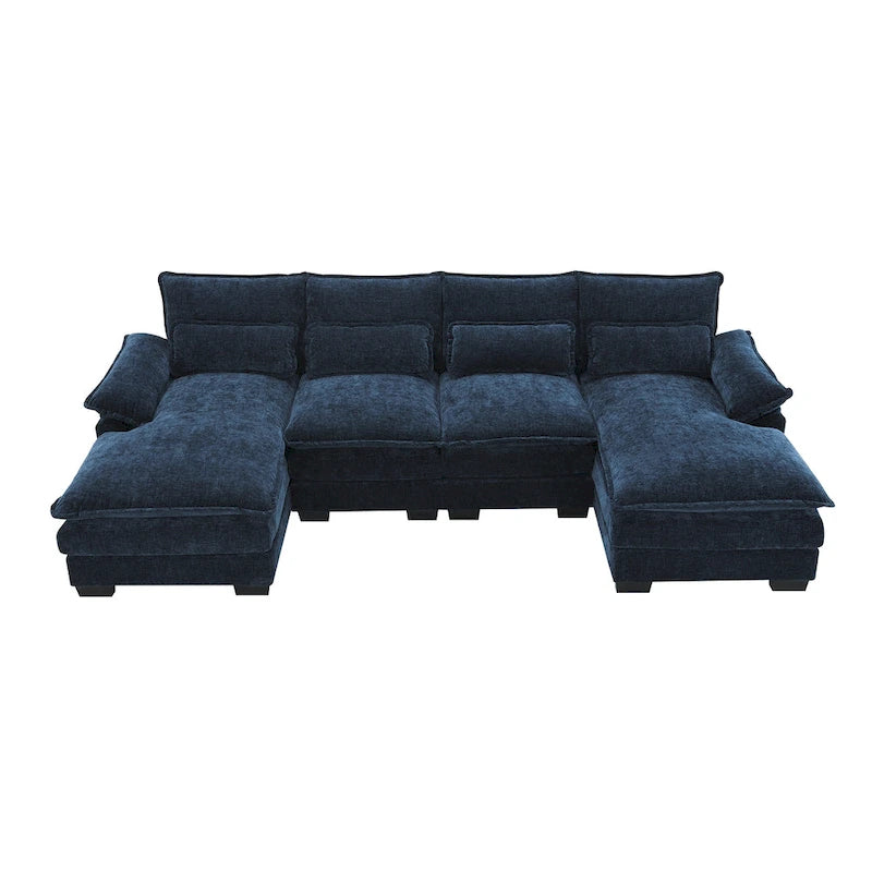 Divano Sezionale Trasformabile a U a 6 Posti in ciniglia Blu con Chaise Longue