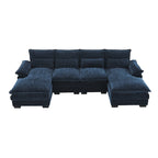 Divano Sezionale Trasformabile a U a 6 Posti in ciniglia Blu con Chaise Longue