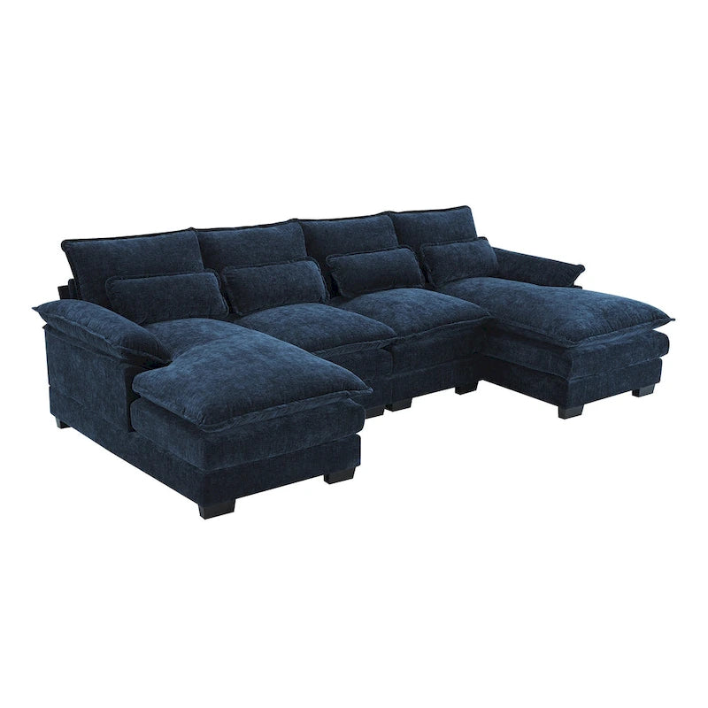 Divano Sezionale Trasformabile a U a 6 Posti in ciniglia Blu con Chaise Longue