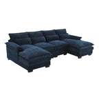 Divano Sezionale Trasformabile a U a 6 Posti in ciniglia Blu con Chaise Longue