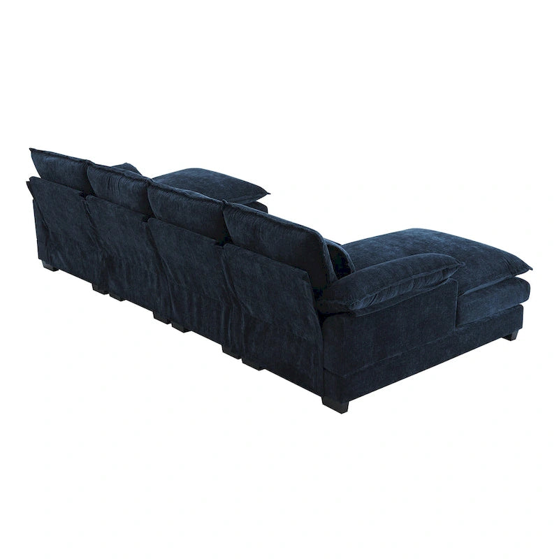 Divano Sezionale Trasformabile a U a 6 Posti in ciniglia Blu con Chaise Longue
