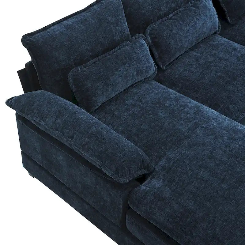 Divano Sezionale Trasformabile a U a 6 Posti in ciniglia Blu con Chaise Longue