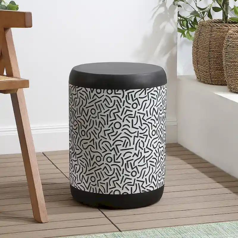 Kiri 17.75 Modern Bohemian Geometric Drum Garden Stool, Black/White, by JONATHAN Y