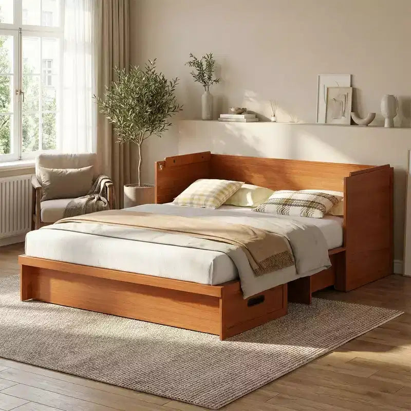 Mjkone Letto a Scomparsa Convertibile Matrimoniale Queen Size con Ricarica USB, Cassetti Contenitori, Materasso Escluso