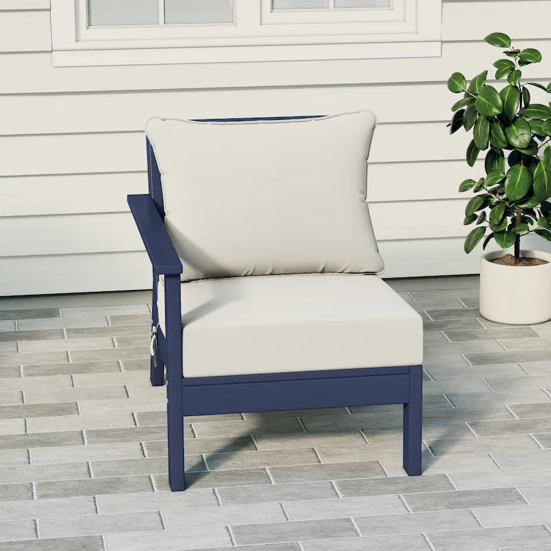 Polytrends Birchwood Sedia da Esterni da Patio con Bracciolo Sinistro, in HDPE, Resistente alle Intemperie, Blu Scuro, con Cuscini (1 Pezzo)