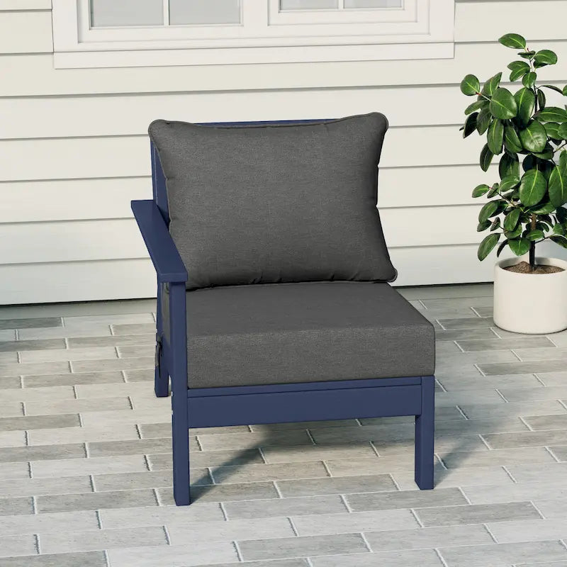 Polytrends Birchwood Sedia da Esterni da Patio con Bracciolo Sinistro, in HDPE, Resistente alle Intemperie, Blu Scuro, con Cuscini (1 Pezzo)