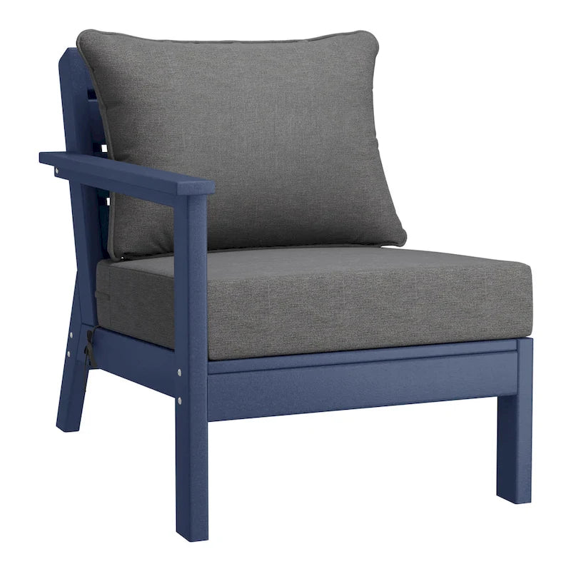 Polytrends Birchwood Sedia da Esterni da Patio con Bracciolo Sinistro, in HDPE, Resistente alle Intemperie, Blu Scuro, con Cuscini (1 Pezzo)