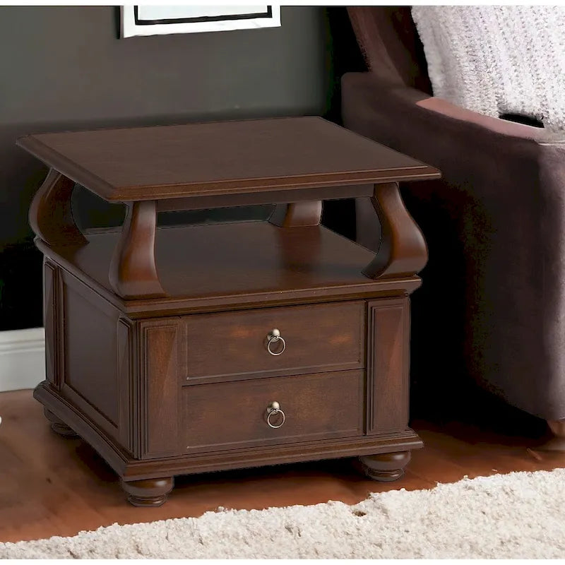 HomeRoots Tavolino Quadrato in Legno Massello Marrone con Due Cassetti e Ripiano - 26" X 26" X 28"