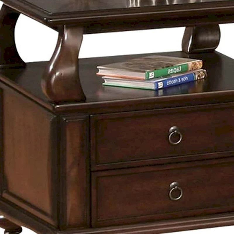HomeRoots Tavolino Quadrato in Legno Massello Marrone con Due Cassetti e Ripiano - 26" X 26" X 28"