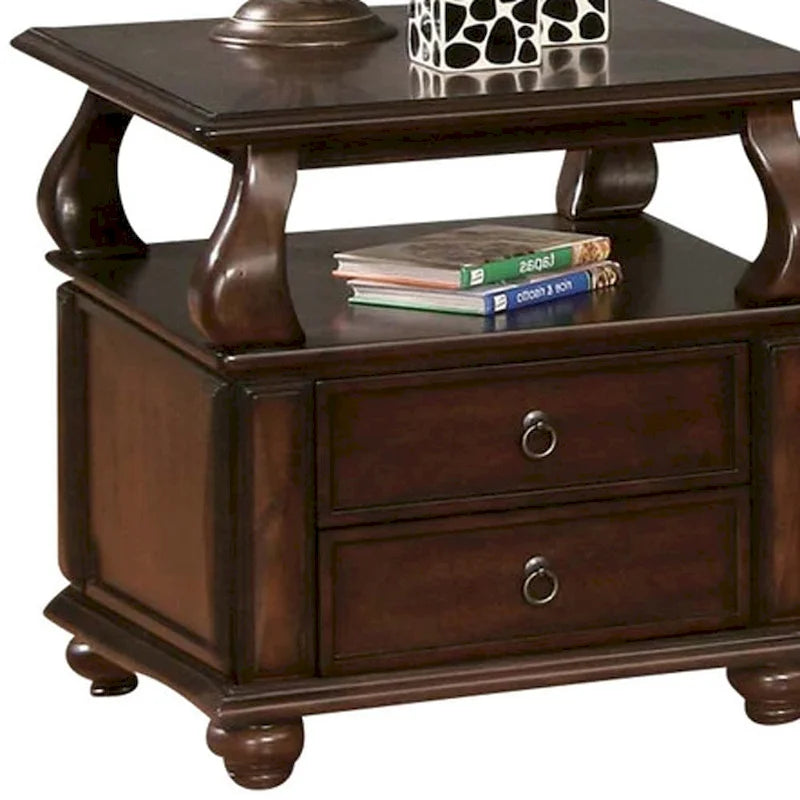HomeRoots Tavolino Quadrato in Legno Massello Marrone con Due Cassetti e Ripiano - 26" X 26" X 28"
