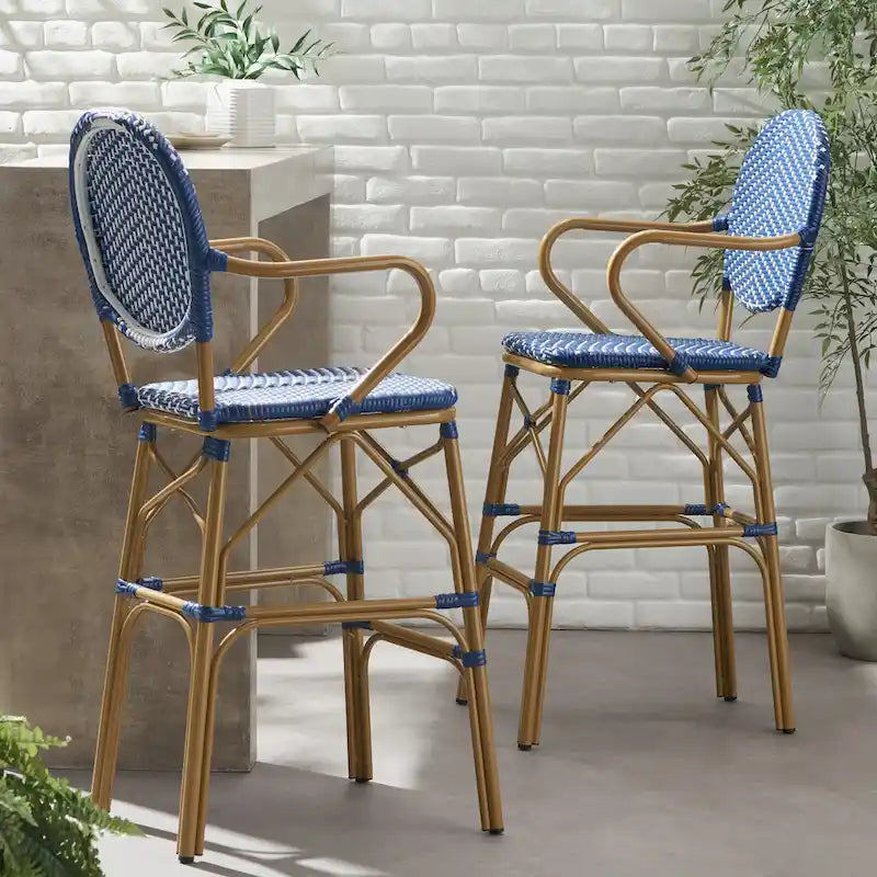 Sgabelli da Bar per Esterni in Wicker e Alluminio, Set da 2