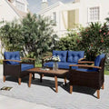 Set da salotto moderno da giardino per esterni a 4 pezzi, divano in rattan con gambe in legno e cuscini, adatto per balcone o patio esterno