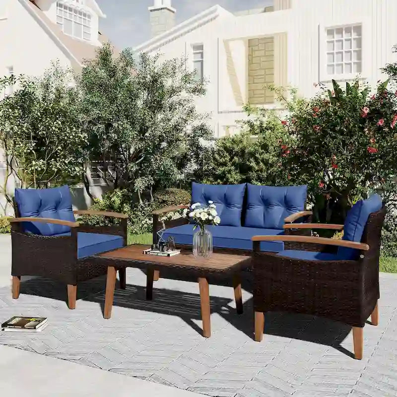 Set da salotto moderno da giardino per esterni a 4 pezzi, divano in rattan con gambe in legno e cuscini, adatto per balcone o patio esterno