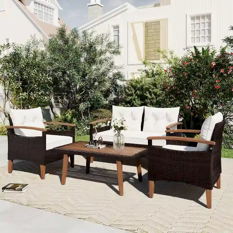 4-Piece Modern Outdoor Garden Seating Set, Rattan Sofa with Wooden Legs and Cushions, Suitable for Outdoor Patio Balcony