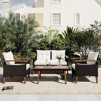 Set da salotto moderno da giardino per esterni a 4 pezzi, divano in rattan con gambe in legno e cuscini, adatto per balcone o patio esterno