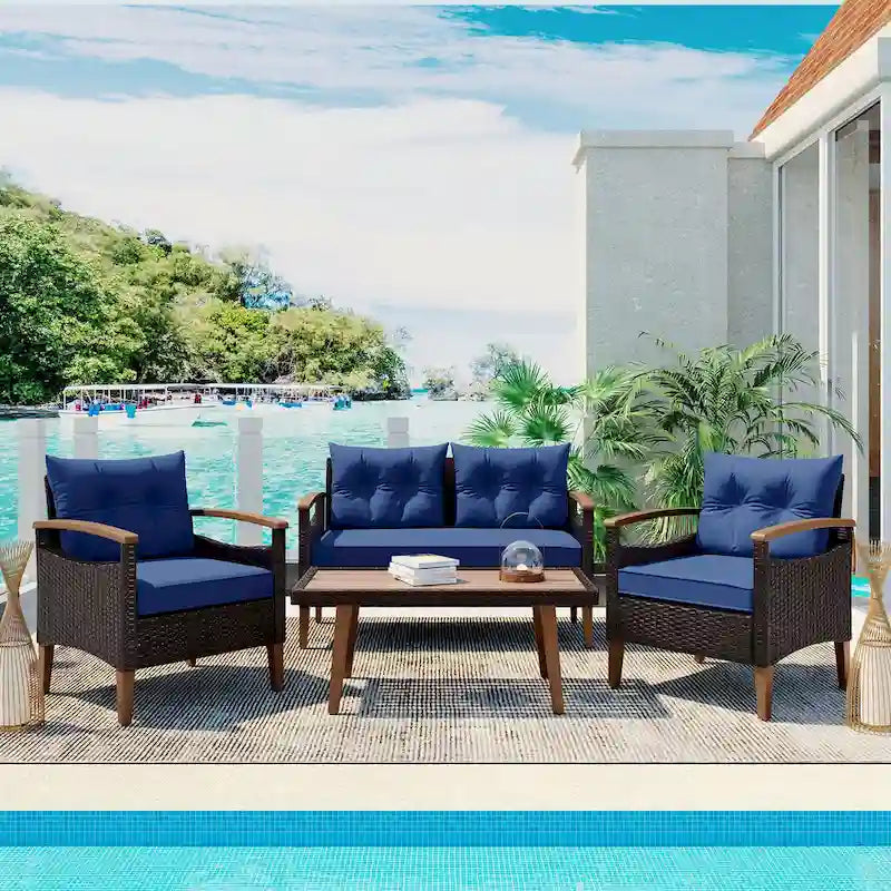 Set da salotto moderno da giardino per esterni a 4 pezzi, divano in rattan con gambe in legno e cuscini, adatto per balcone o patio esterno