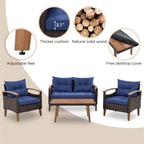 Set da salotto moderno da giardino per esterni a 4 pezzi, divano in rattan con gambe in legno e cuscini, adatto per balcone o patio esterno