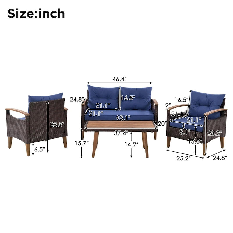 Set da salotto moderno da giardino per esterni a 4 pezzi, divano in rattan con gambe in legno e cuscini, adatto per balcone o patio esterno