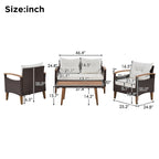 Set da salotto moderno da giardino per esterni a 4 pezzi, divano in rattan con gambe in legno e cuscini, adatto per balcone o patio esterno