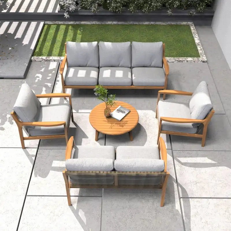 Set Divano da Esterno Moderno a 7 Posti in Legno di Acacia con Elegante Tavolino da Caffè e Cuscini Sfoderabili