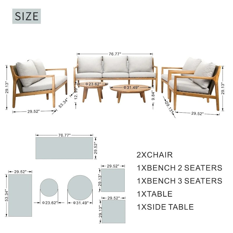Set Divano da Esterno Moderno a 7 Posti in Legno di Acacia con Elegante Tavolino da Caffè e Cuscini Sfoderabili