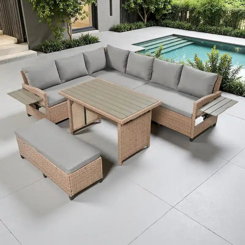 Ensemble de canapé d'angle d'extérieur en rotin 5 pièces avec table à manger, banc et 2 tables d'appoint extensibles
