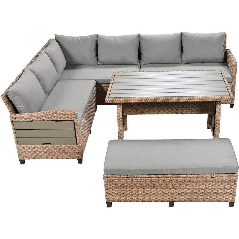 Set divano angolare da esterno in rattan a 5 pezzi con tavolo da pranzo, panca e 2 tavolini laterali allungabili