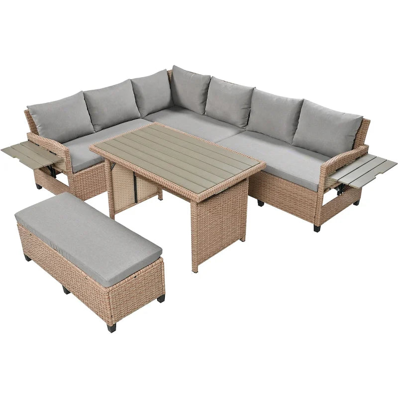 Set divano angolare da esterno in rattan a 5 pezzi con tavolo da pranzo, panca e 2 tavolini laterali allungabili