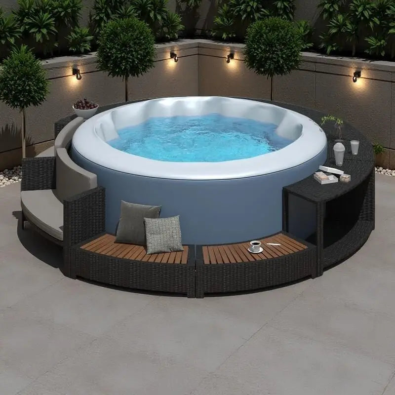 Ensemble de canapé d'extérieur en rotin pour spa avec espaces de rangement, banc et coussins
