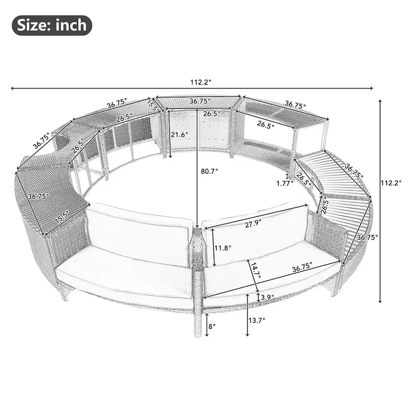 Set divano in rattan per esterno con cornice per spa, spazi contenitore, panca e cuscini