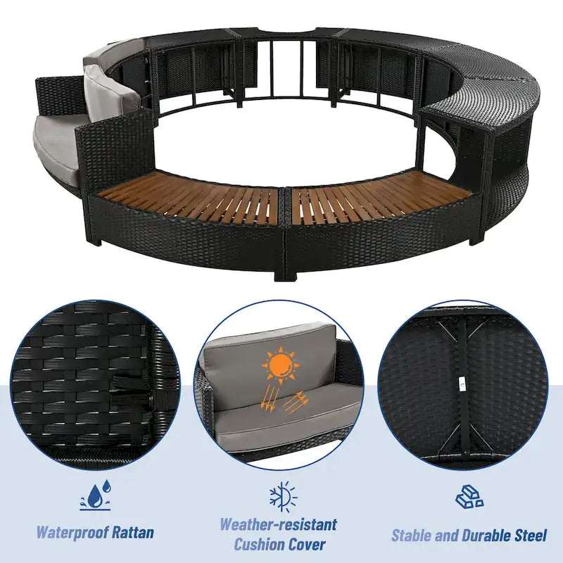 Set divano in rattan per esterno con cornice per spa, spazi contenitore, panca e cuscini
