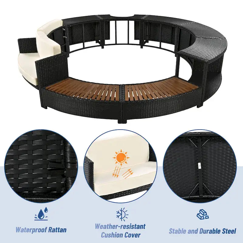 Set divano in rattan per esterno con cornice per spa, spazi contenitore, panca e cuscini