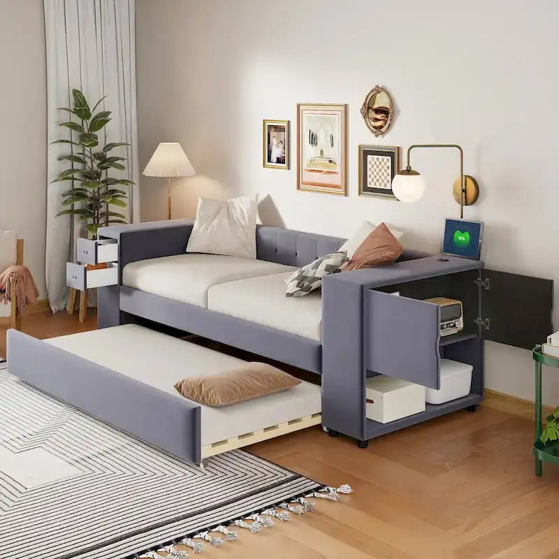 Divano letto in velluto imbottito con contenitore e porte di ricarica USB