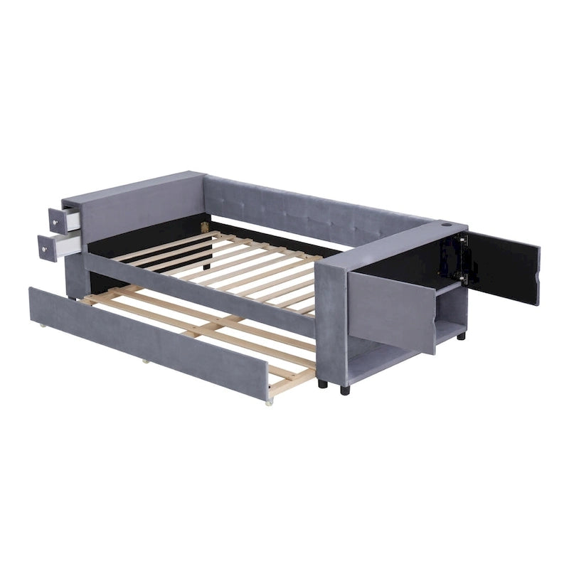 Divano letto in velluto imbottito con contenitore e porte di ricarica USB