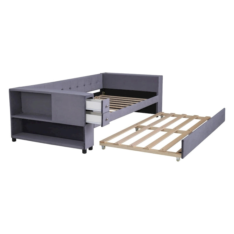 Divano letto in velluto imbottito con contenitore e porte di ricarica USB