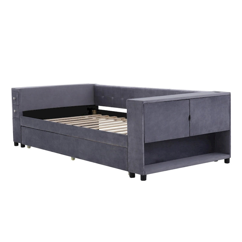 Divano letto in velluto imbottito con contenitore e porte di ricarica USB