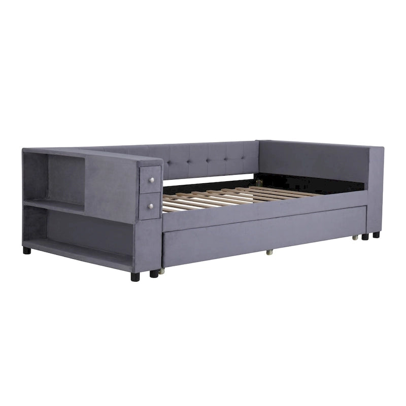 Divano letto in velluto imbottito con contenitore e porte di ricarica USB