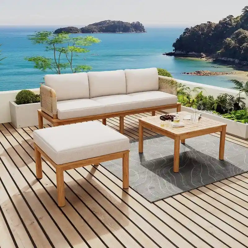 Set da patio da 3 pezzi in legno di acacia e corda per esterni - 75,5 L x 26,75 P x 27,00 A