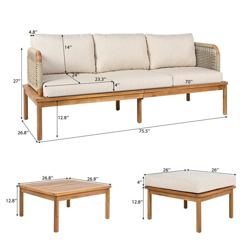 Set da patio da 3 pezzi in legno di acacia e corda per esterni - 75,5 L x 26,75 P x 27,00 A