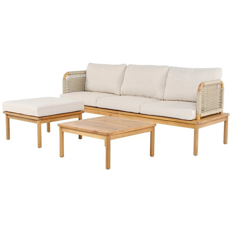 Set da patio da 3 pezzi in legno di acacia e corda per esterni - 75,5 L x 26,75 P x 27,00 A