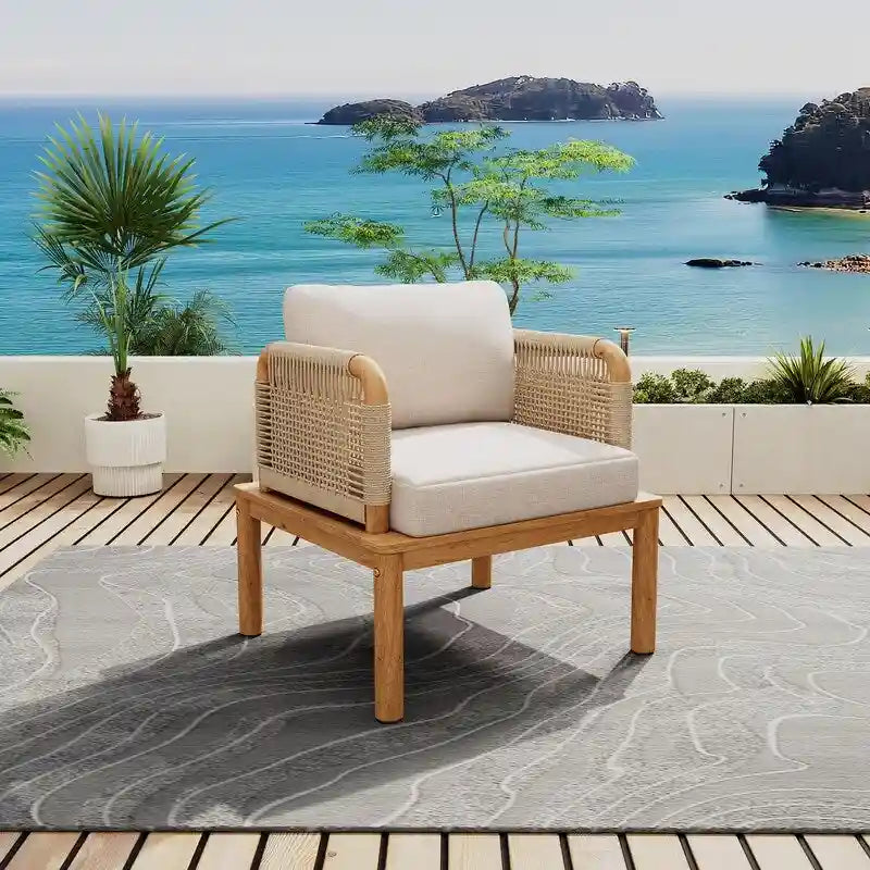 Poltrona da club in legno di acacia e corda per esterni con cuscini (singola) - 67,9 cm L x 73 cm P x 68,6 cm H