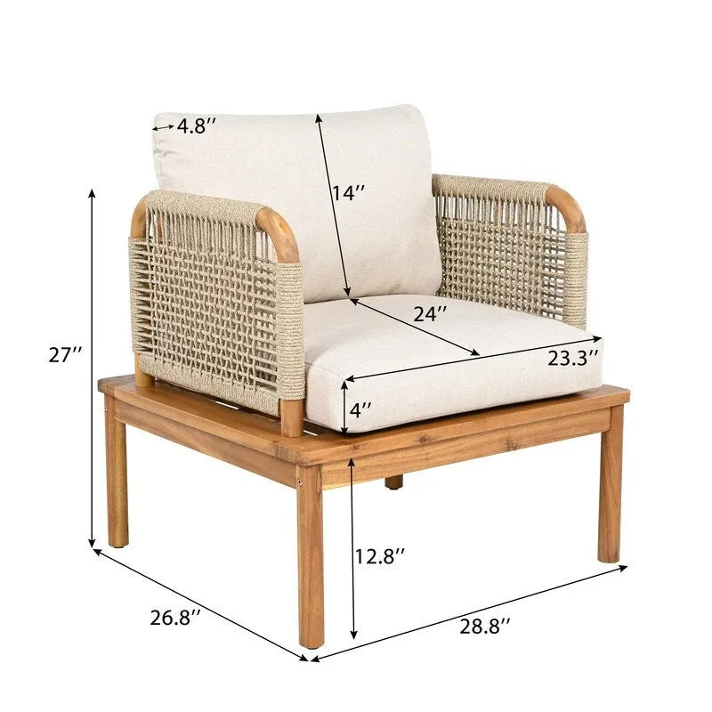 Poltrona da club in legno di acacia e corda per esterni con cuscini (singola) - 67,9 cm L x 73 cm P x 68,6 cm H