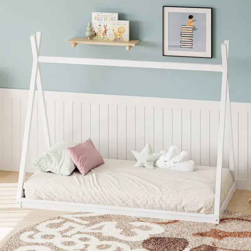 Lettino a tenda gemello Montessori in legno - Telaio del letto a forma di casetta a pavimento basso per bambini/ragazzi - Design senza doghe per camerette di maschi e femmine