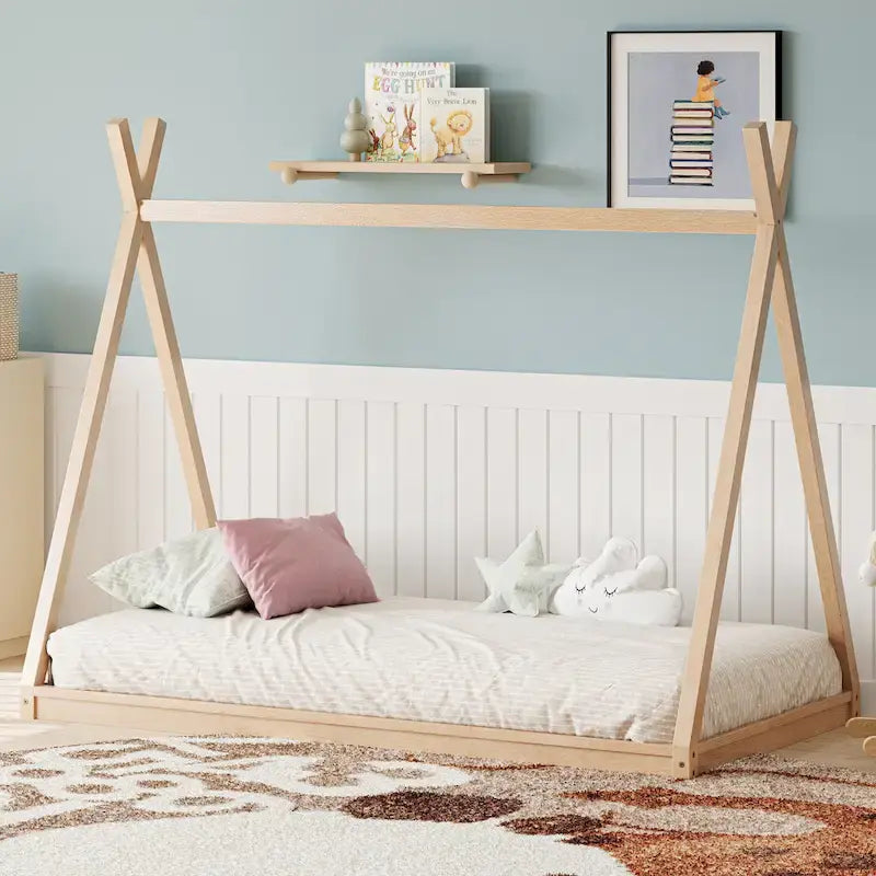 Lettino a tenda gemello Montessori in legno - Telaio del letto a forma di casetta a pavimento basso per bambini/ragazzi - Design senza doghe per camerette di maschi e femmine