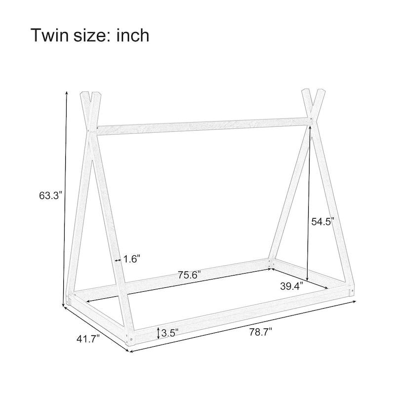 Lettino a tenda gemello Montessori in legno - Telaio del letto a forma di casetta a pavimento basso per bambini/ragazzi - Design senza doghe per camerette di maschi e femmine
