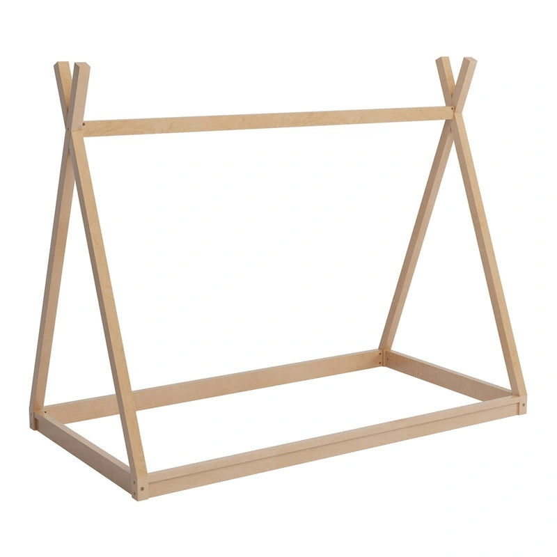 Lettino a tenda gemello Montessori in legno - Telaio del letto a forma di casetta a pavimento basso per bambini/ragazzi - Design senza doghe per camerette di maschi e femmine