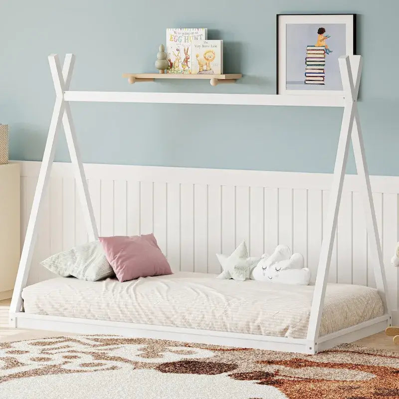 Lettino a tenda gemello Montessori in legno - Telaio del letto a forma di casetta a pavimento basso per bambini/ragazzi - Design senza doghe per camerette di maschi e femmine