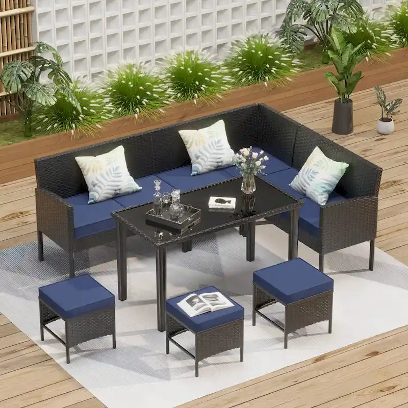 Small Space Patio Furniture 7-Piece Outdoor Furniture Set, Backyard Furniture Set, Waterproof Seat Cushion, Glass Table